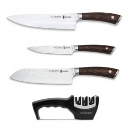 Set de facas 3 Claveles Sakura e afiador - Descascado Chef e Santoku